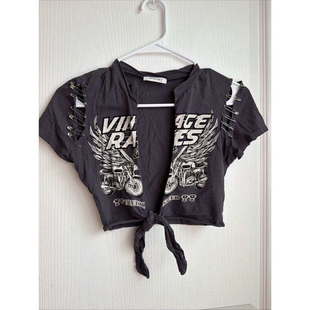 January 7 USA Vintage Motorcycle Wings Graphic Crop Top Lace Up Black Y2K Sz XS